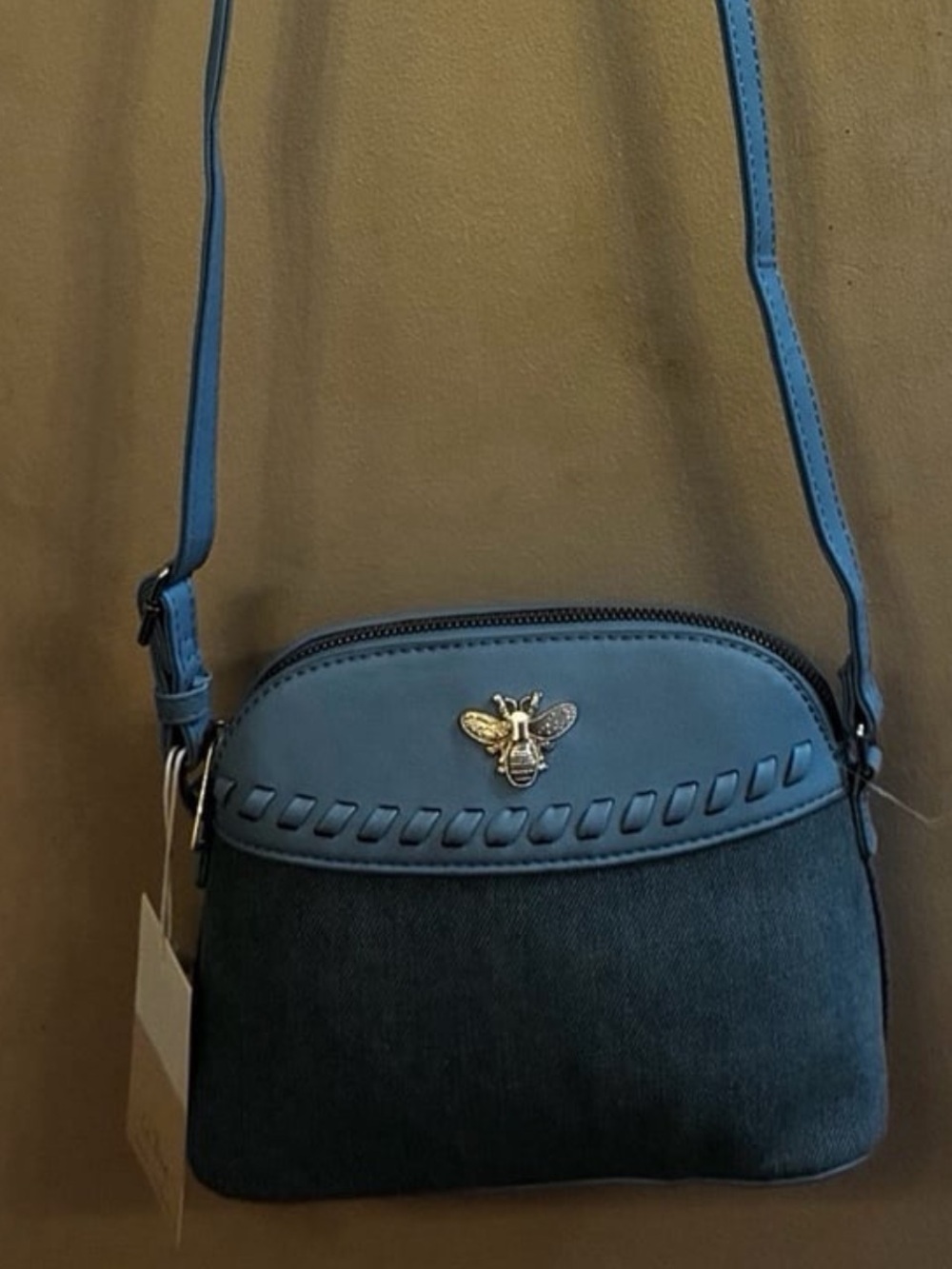 New! “Le Bag” Light Blue Crossbody Bag with a Distinctive Gold Bee Emblem.